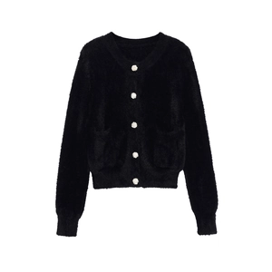 Elegant black long sleeve knit cardigan with round neck and white floral embossed buttons