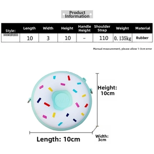 Size chart for cute donut silicone crossbody bag showing 10x10x3cm dimensions