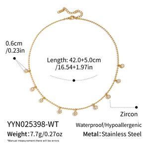 Detail view of double-layer stainless steel necklace with bead chain and zircon pendant
