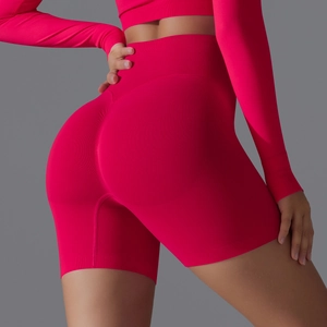 Detail of seamless high waist rose red yoga shorts featuring ribbed waistband and peach lift