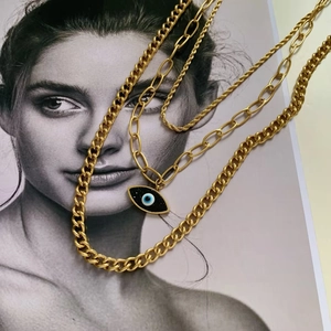Three-layer gold plated evil eye chain necklace with twisted and paperclip links
