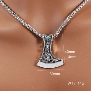 Viking raven axe pendant in antique silver stainless steel with rune details