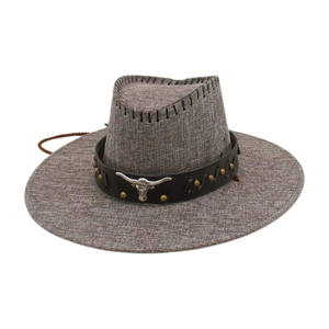 Western cowboy hat with bull head ornament and wide brim in grey-brown fabric finish