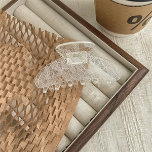 Detail of transparent lace pattern hair claw clip with delicate white mesh texture