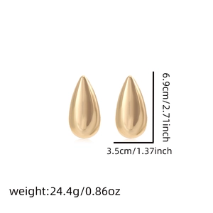 Polished gold teardrop earrings with dimensions 6.9cm by 3.5cm and weight specifications