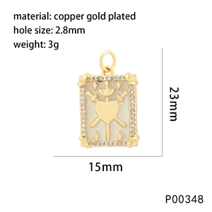 Copper 18K gold plated square heart pendant charm with zircon and dimensions 23x15mm