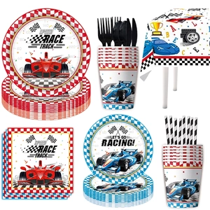 Racing themed party tableware set with checkered patterns and F1 car illustrations