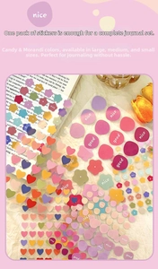 Close-up of candy-colored heart and floral PET stickers on vintage book backgrounds