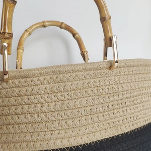 Bamboo handle cotton rope woven handbag with beige and black contrast stitching design