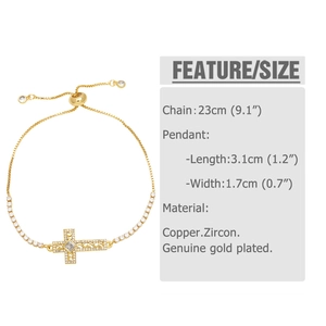 Detail view of gold-plated cross bracelet with zirconia and adjustable chain size info