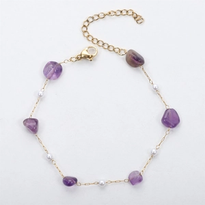 Detail of 18K gold-plated chain with irregular purple stones and small white pearls