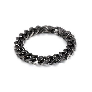 Detailed view of black stainless steel Cuban link bracelet with a secure lobster clasp