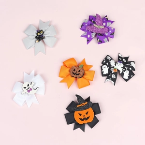 Set of six Halloween themed hair bows featuring pumpkins, ghosts and witch hat designs