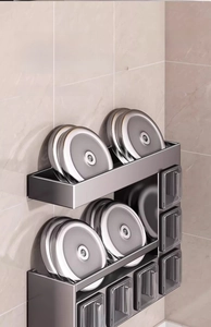 Wall-mounted grey metal kitchen spice rack with high load-bearing capacity and no drilling