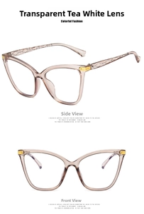 Detail view of champagne cat-eye glasses with geometric textured metal temples