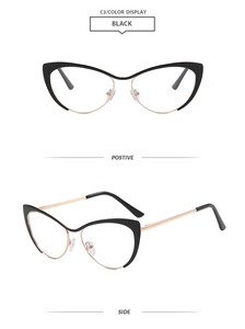Vues de face et de côté de lunettes œil-de-chat avec monture noire et branches dorées
