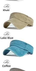 Dettaglio di visiere parasole in cotone lavato nei colori kaki, blu e marrone