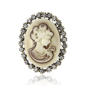 Vintage portrait cameo brooch with alloy frame and sparkling rhinestones on white base