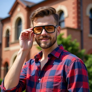 Outdoor shot of men wearing square black sunglasses with yellow lenses in a stylish setting