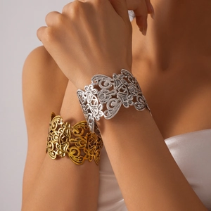 Hollow Out Floral Wide Cuff Bracelet Vintage Metal Open Adjustable Bangle Bohemian Style Jewelry For Women