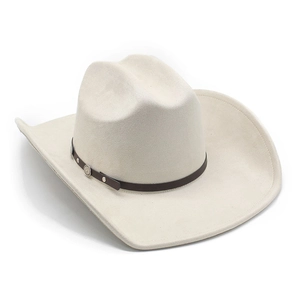 Detailed view of cream felt cowboy hat featuring studded leather band and metal buckle