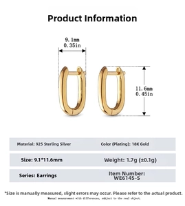 Detailed dimensions of 18K gold plated 925 sterling silver U-shaped hoop earrings