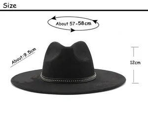 Detailed size chart for black wide brim suede fedora hat with golden studded strap detail