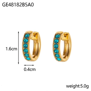 Detailed size specifications for gold earrings with blue stones, measuring 1.6cm by 0.4cm