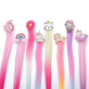 Colorful kids rainbow hair extensions with cute cartoon unicorn and mermaid hair clips