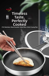 Close-up of 316L stainless steel honeycomb frying pan with egg showing non-stick interior