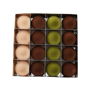 16-piece flocking Christmas ball set with assorted textures in a gold display box