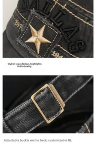 Détail de la broderie Dallas et boucle en laiton réglable sur la casquette en jean