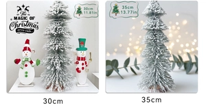 Detail of 30cm and 35cm flocked Christmas trees with snow effect and wooden base