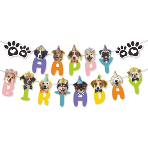 Detail of colorful pet birthday banner with cute dogs wearing party hats and bow ties