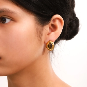 Irregular Oval Stud Earrings 18K Gold Plated Stainless Steel Tiger Eye Artificial Pearl Waterproof Hypoallergenic Jewelry Women