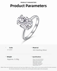 Detail of 3.5ct oval ice-cut 8A zircon on S925 sterling silver ring with specifications