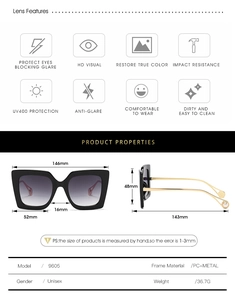 Detailed size specifications for square frame sunglasses with UV400 and PC metal material