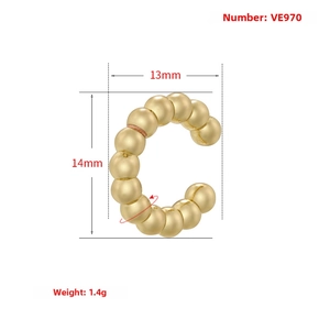 Detail view of 14mm gold C-shape ear cuff with bead design and weight specifications