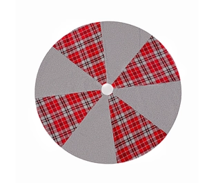 Detail of red and grey checkered linen Christmas tree skirt with stitched circular pattern