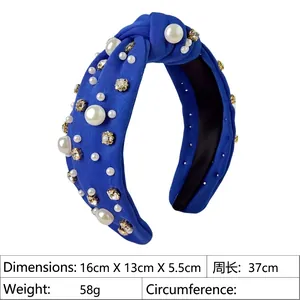 Royal blue knotted headband with white pearls and sparkling rhinestones 16x13x5.5cm
