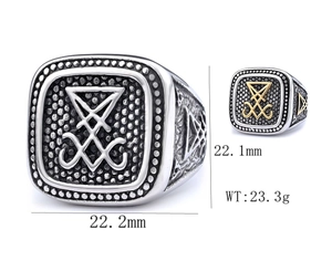 Macro view of stainless steel Satanic seal ring with detailed dimensions and weight