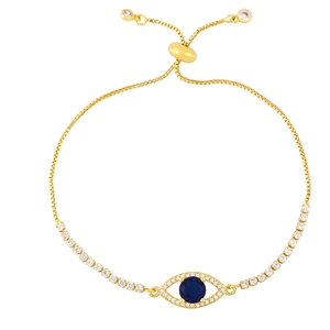Adjustable evil eye bolo bracelet in gold with blue sapphire and white zircon stones