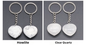 Detail of heart-shaped Howlite and Clear Quartz crystal stones on silver keyrings