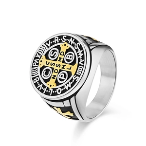 Men's vintage Saint Benedict medal cross ring in stainless steel with black oil finish