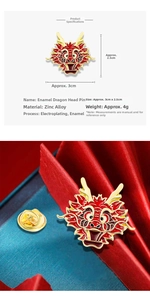 Detailed view of dragon brooch made of zinc alloy with vibrant red and gold enamel finish