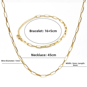 Gold paperclip chain set with 45cm necklace and 16+5cm bracelet, 3x8mm link details