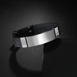 Minimalist punk style black silicone bracelet with adjustable polished stainless steel plate