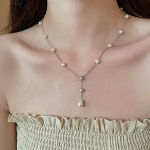 Waterdrop Artificial Pearl Pendant Necklace Elegant Zircon Flower Silver Tone Copper Chain For Women Vintage Palace Style