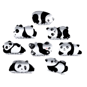 Adorable panda hair claw clips in various poses made of glossy black and white resin