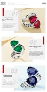 Detail of S925 silver rings with colorful triangle-cut gems in red green and blue